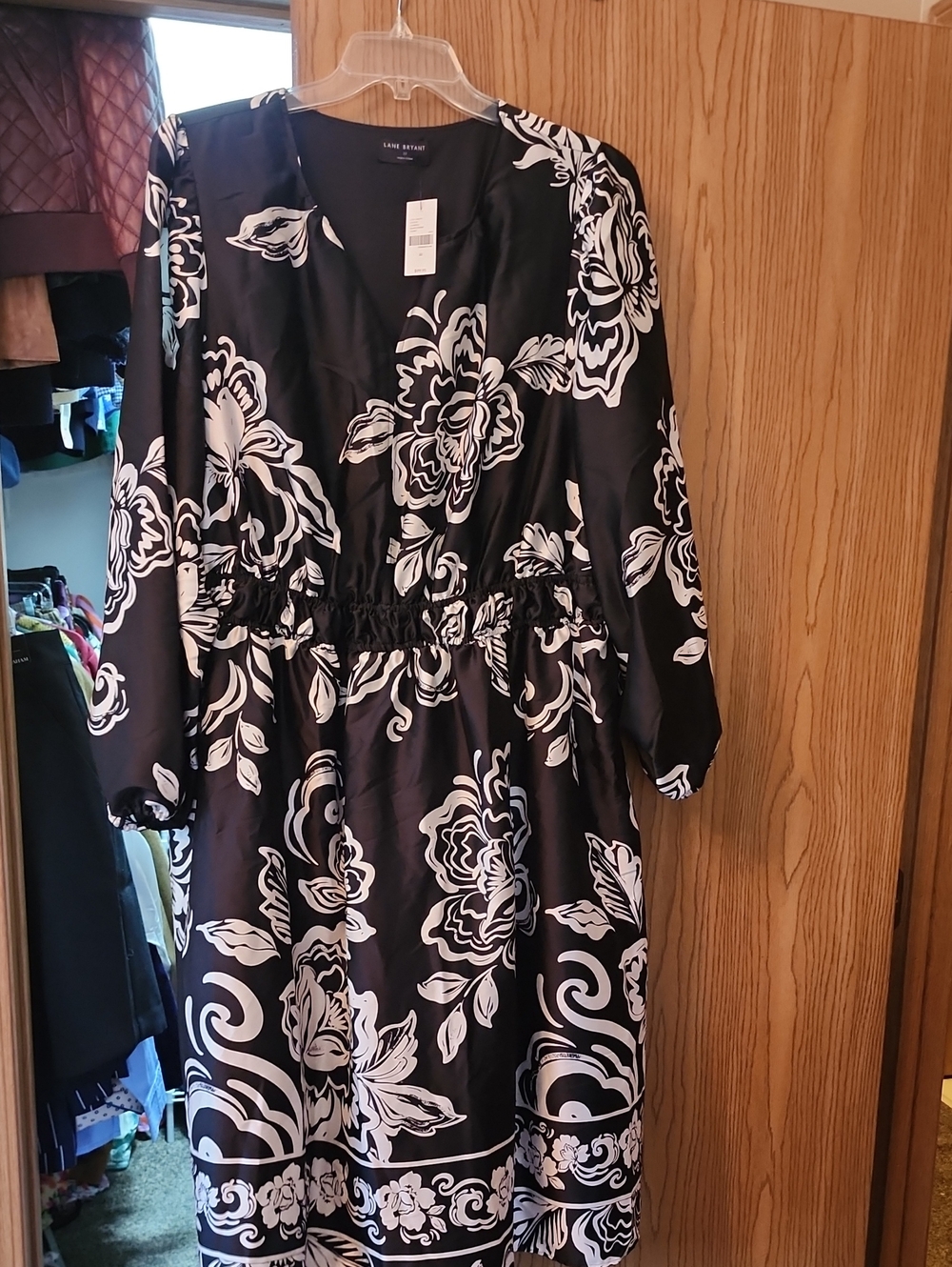 Lane Bryant Black and White Floral Midi Dress with Smocked Waist